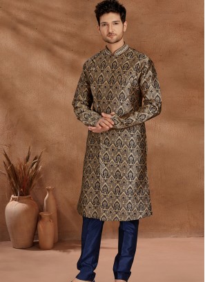 Antique Blue and Chikoo Set with Jaqard Top and Art Silk Trousers Semi Sherwani.