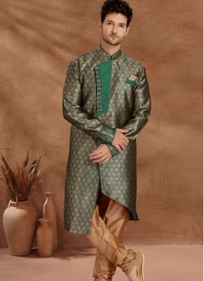 Antique Green and Chikoo Set with Jaqard Top and Art Silk Trousers Semi Sherwani.