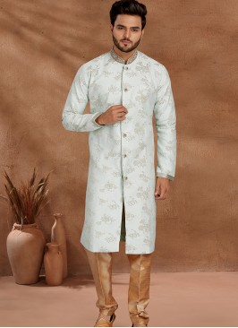 Light Pista and Chikoo Set with Jaqard Top and Art Silk Trousers Semi Sherwani.