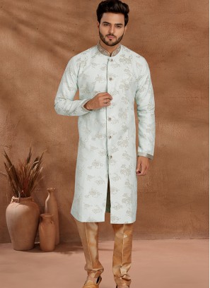 Light Pista and Chikoo Set with Jaqard Top and Art Silk Trousers Semi Sherwani.