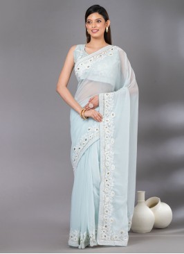 Appealing Blue Embroidered Georgette Saree