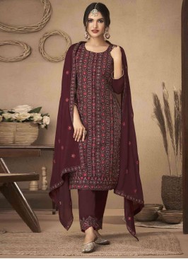 Appealing Embroidered Chinon Wine Pant Style Suit