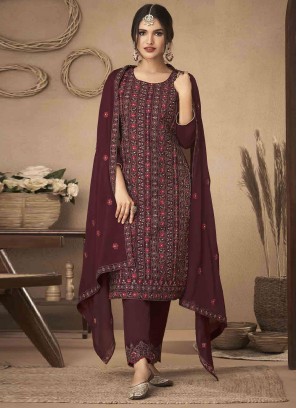 Appealing Embroidered Chinon Wine Pant Style Suit