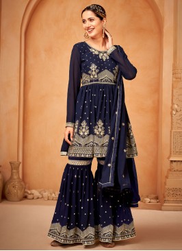 Appealing Faux Georgette Navy Blue Embroidered Sharara Set