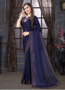 Appealing Navy Blue Stone Satin Classic Designer Saree