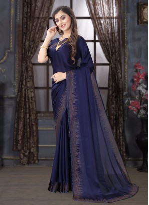 Appealing Navy Blue Stone Satin Classic Designer Saree