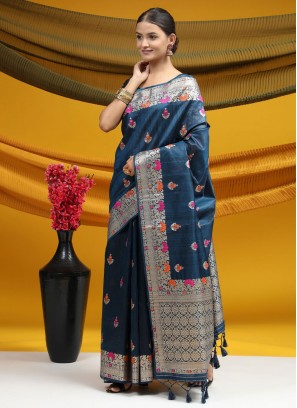 Appealing Navy Blue Woven Designer Saree