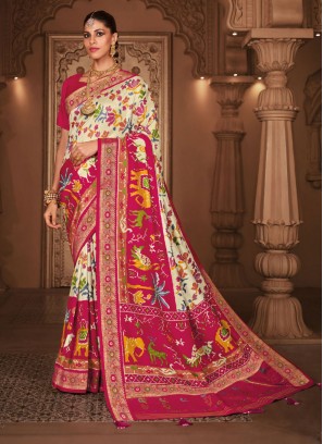 Appealing Off White and Pink Casual Saree