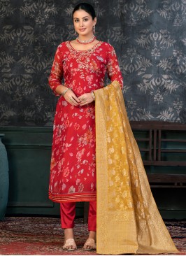 Appealing Red Handwork Organza Designer Salwar Suit