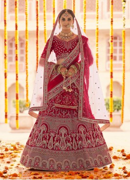 Appealing Red Thread Velvet Lehenga Choli