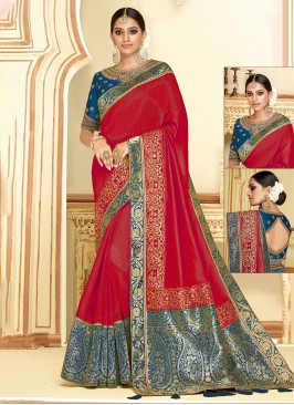 Appealing Satin Silk Red Border Trendy Saree