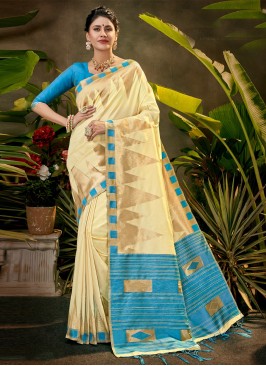 Aqua Blue and Cream Woven Silk Contemporary Style Saree