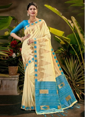Aqua Blue and Cream Woven Silk Contemporary Style Saree