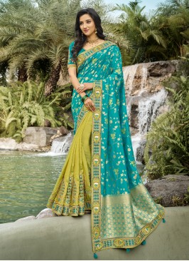 Aqua Blue and Green Sangeet Banarasi Silk Designer Half N Half Saree