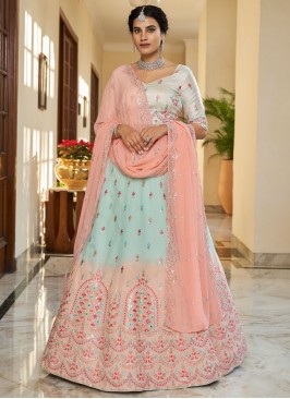 Aqua Blue and Peach Art Silk Trendy Lehenga Choli