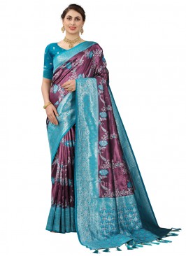 Aqua Blue and Purple Color Contemporary Saree