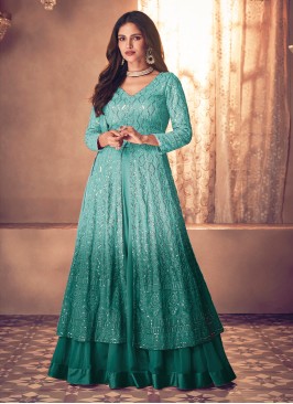 Aqua Blue and Teal Georgette Wedding A Line Lehenga Choli