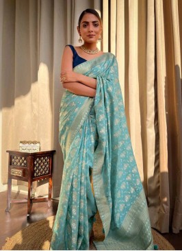 Aqua Blue Banarasi Silk Contemporary Saree