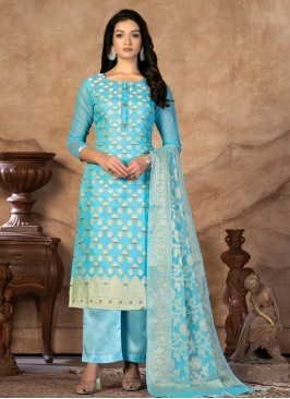 Aqua Blue Banarasi Silk Woven Palazzo Salwar Kamee