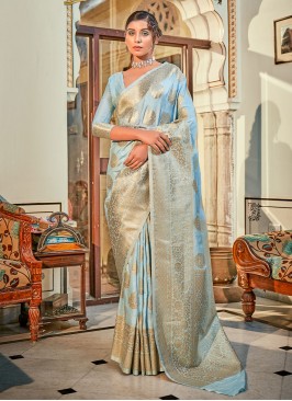 Aqua Blue Ceremonial Banarasi Silk Classic Saree