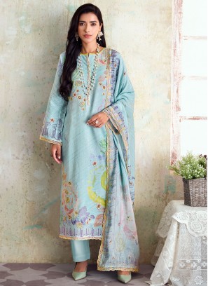 Aqua Blue Ceremonial Linen Designer Salwar Kameez