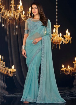 Aqua Blue Ceremonial Shimmer Georgette Saree