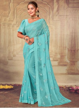 Aqua Blue Color Contemporary Saree