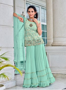 Aqua Blue Color Georgette Readymade Sharara Suit