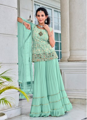 Aqua Blue Color Georgette Readymade Sharara Suit