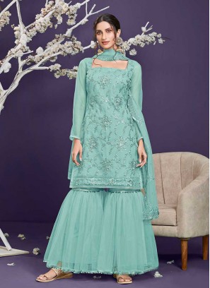 Aqua Blue Color Ladies Sharara Suit