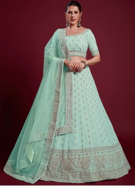 Aqua Blue Color Long Choli Lehenga