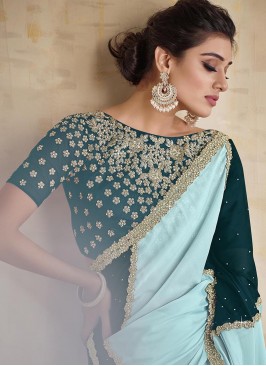 Aqua Blue Colour Heavy Embroidery Border Work Saree