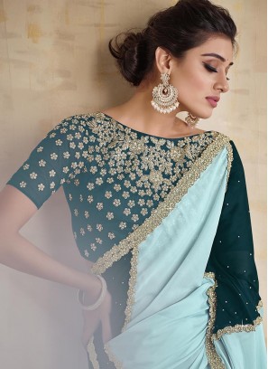 Aqua Blue Colour Heavy Embroidery Border Work Saree