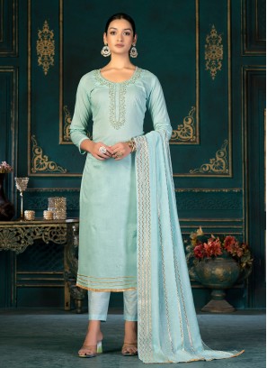 Aqua Blue Cotton Ceremonial Trendy Salwar Kameez