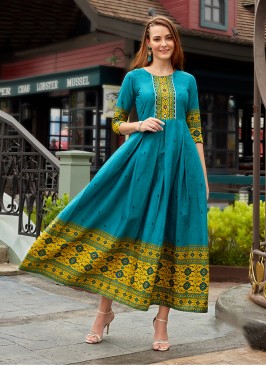 Aqua Blue Cotton Printed Party Wear Kurti