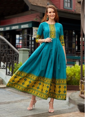 Aqua Blue Cotton Printed Party Wear Kurti