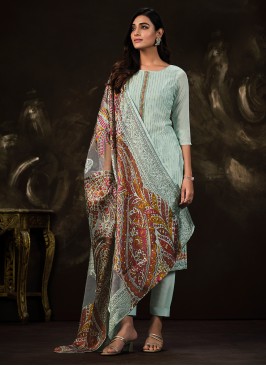 Aqua Blue Cotton Printed Trendy Salwar Kameez