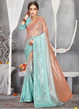 Aqua Blue Digital Print Net Saree