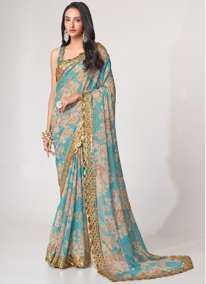 Aqua Blue Digital Print Organza Classic Saree