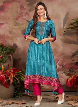 Aqua Blue Digital Print Party Casual Kurti