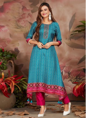 Aqua Blue Digital Print Party Casual Kurti