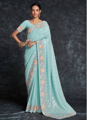 Aqua Blue Embroidered Engagement Contemporary Saree