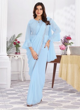Aqua Blue Embroidered Georgette Classic Saree