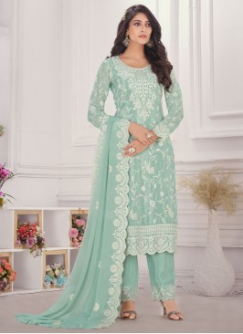 Aqua Blue Embroidered Long Length Salwar Suit