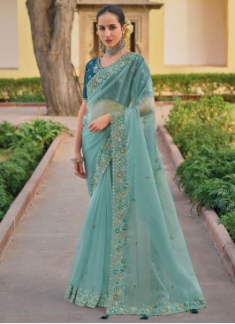 Aqua Blue Embroidered Silk Classic Saree