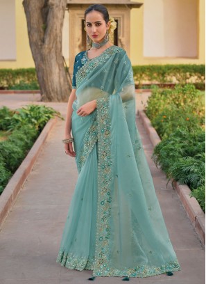 Aqua Blue Embroidered Silk Classic Saree