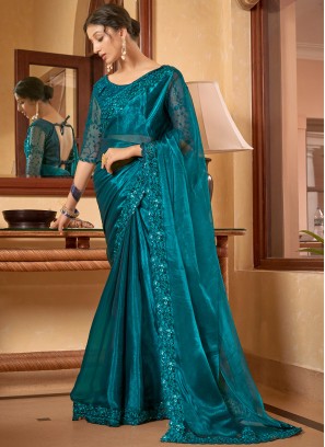 Aqua Blue Engagement Chiffon Classic Saree