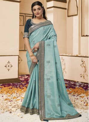 Aqua Blue Engagement Contemporary Style Saree