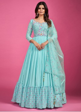 Aqua Blue Engagement Floor Length Gown