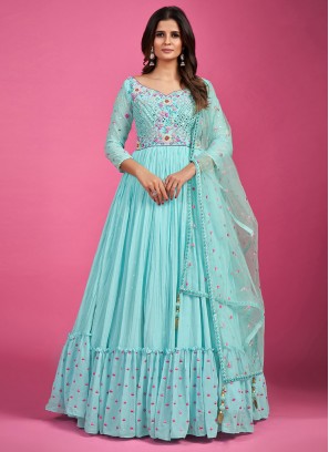 Aqua Blue Engagement Floor Length Gown